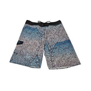 Pelagic Fish Print Board Shorts Swim Trunks Blue White Men's 37 11.5" Inseam